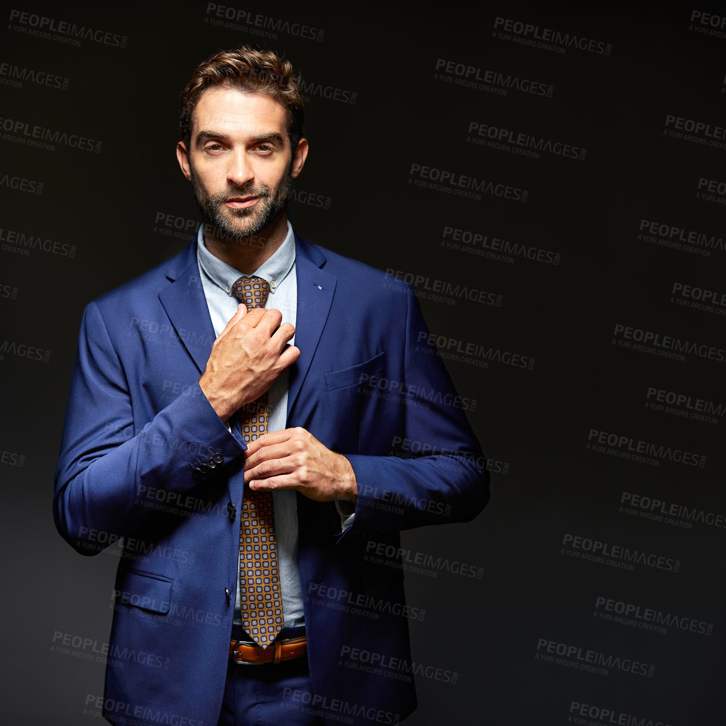 Buy stock photo Finance, portrait and businessman as professional advisor, ambition, studio or tax consultant. Male person, dark background and confident by mockup space as vat specialist, auditor or about us