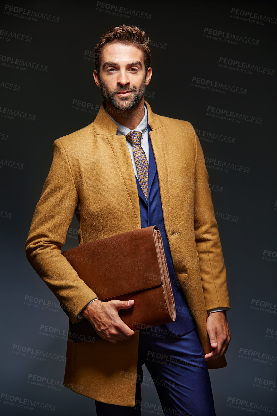 Buy stock photo Man, folder and portrait in studio with lawyer, case file and confidence on black background. Corporate, attorney and professional with binder for legal information, advisor and pride in business