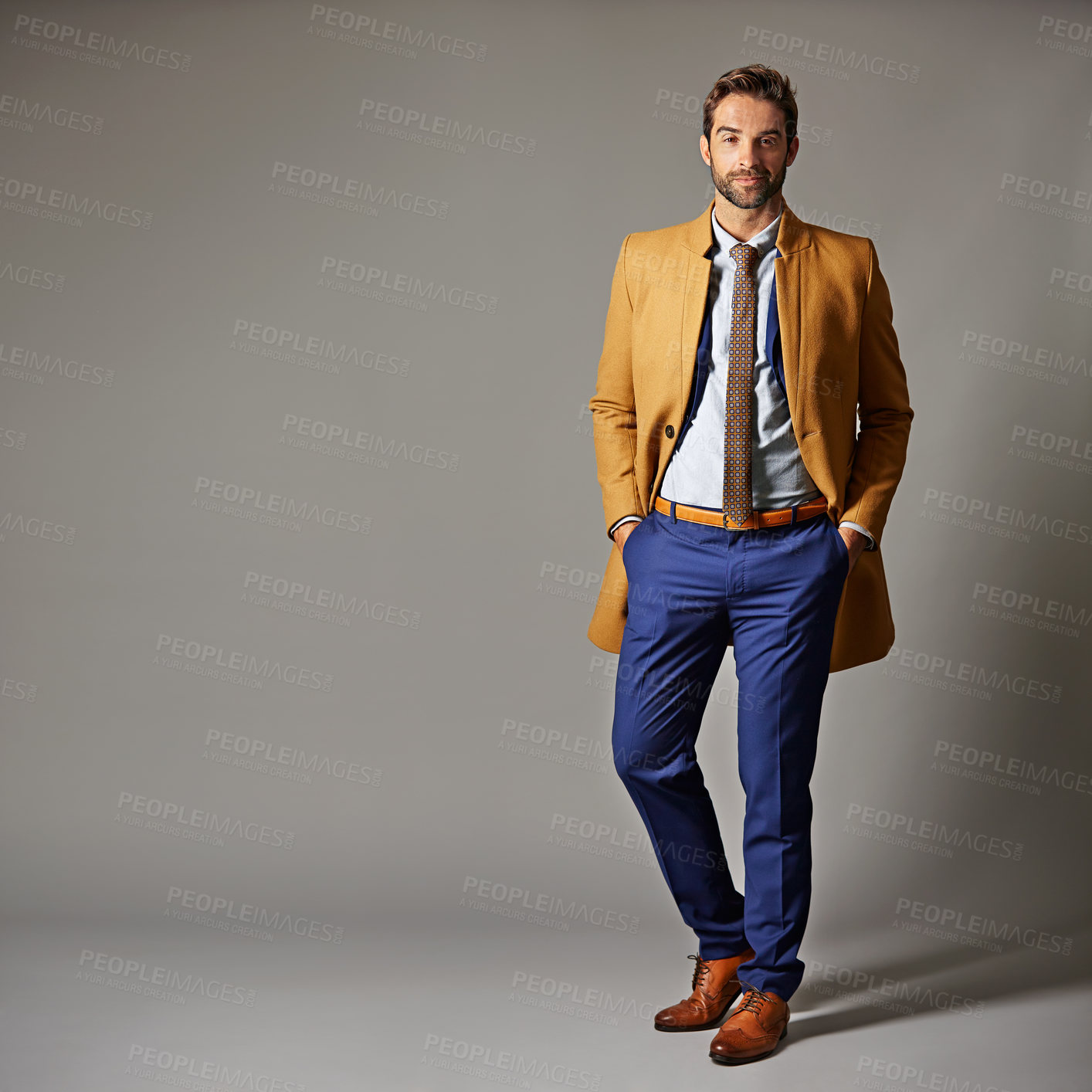 Buy stock photo Business, man and confidence with studio space, wealth manager and corporate fashion on background. Pride, smile and person for financial advice mockup, investment or  professional style for career
