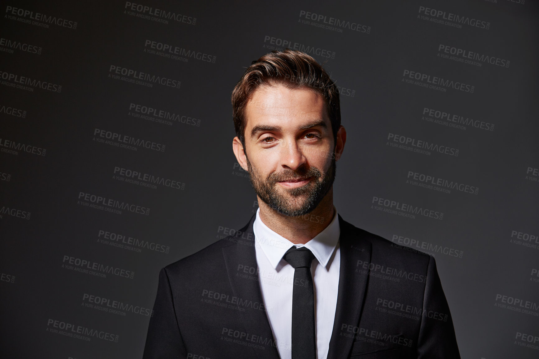 Buy stock photo Smile, portrait and pride with business man as investment banker, professional and about us. Portfolio manager, corporate and tax agent with person on dark background studio for advisor opportunity