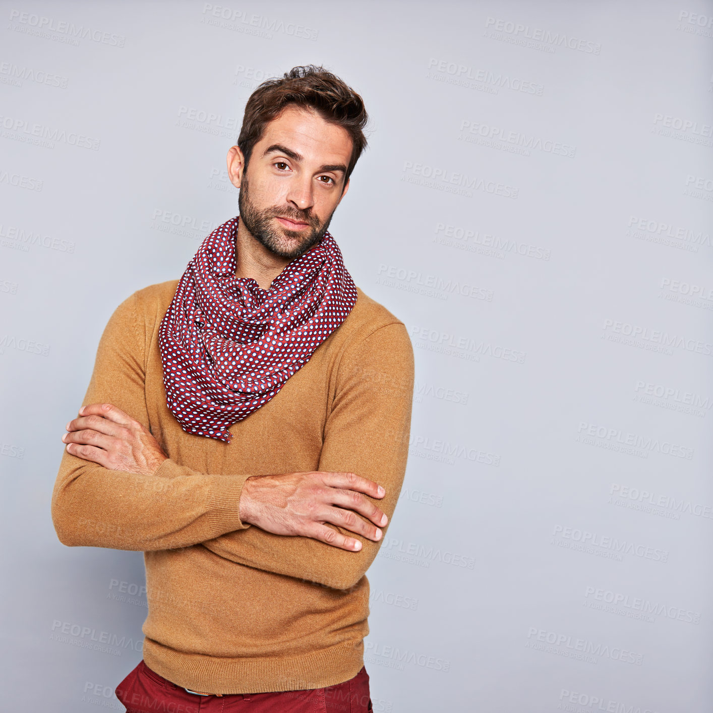 Buy stock photo Studio, man and arms crossed with fashion portrait, minimal style and menswear on white background. Confidence, person or trendy clothes with aesthetic, scarf or urban casual outfit with mockup space