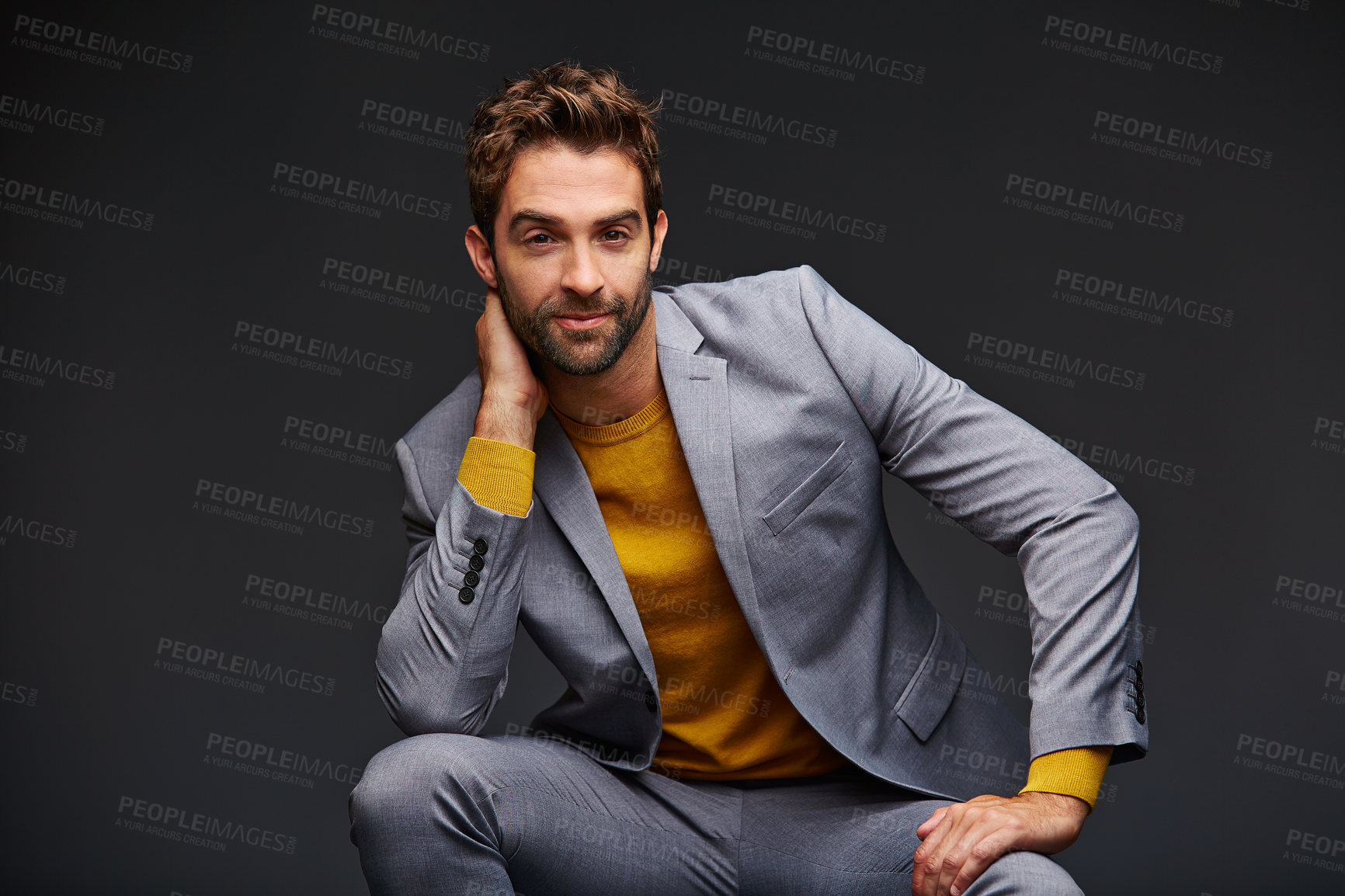 Buy stock photo Business, man and lawyer in studio with smile, career pride and about us for legal proceedings. Mockup space, portrait and male attorney with ambition, case preparation and justice on gray background