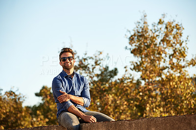 Buy stock photo Cropped shot of a man on a rooftop