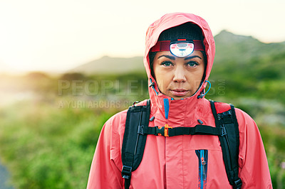 Buy stock photo Cropped portrait of an attractive young female athlete out for a morning run