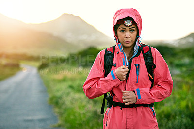 Buy stock photo Cropped portrait of an attractive young female athlete out for a morning run