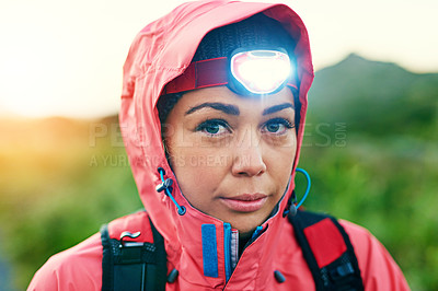 Buy stock photo Cropped portrait of an attractive young female athlete out for a morning run