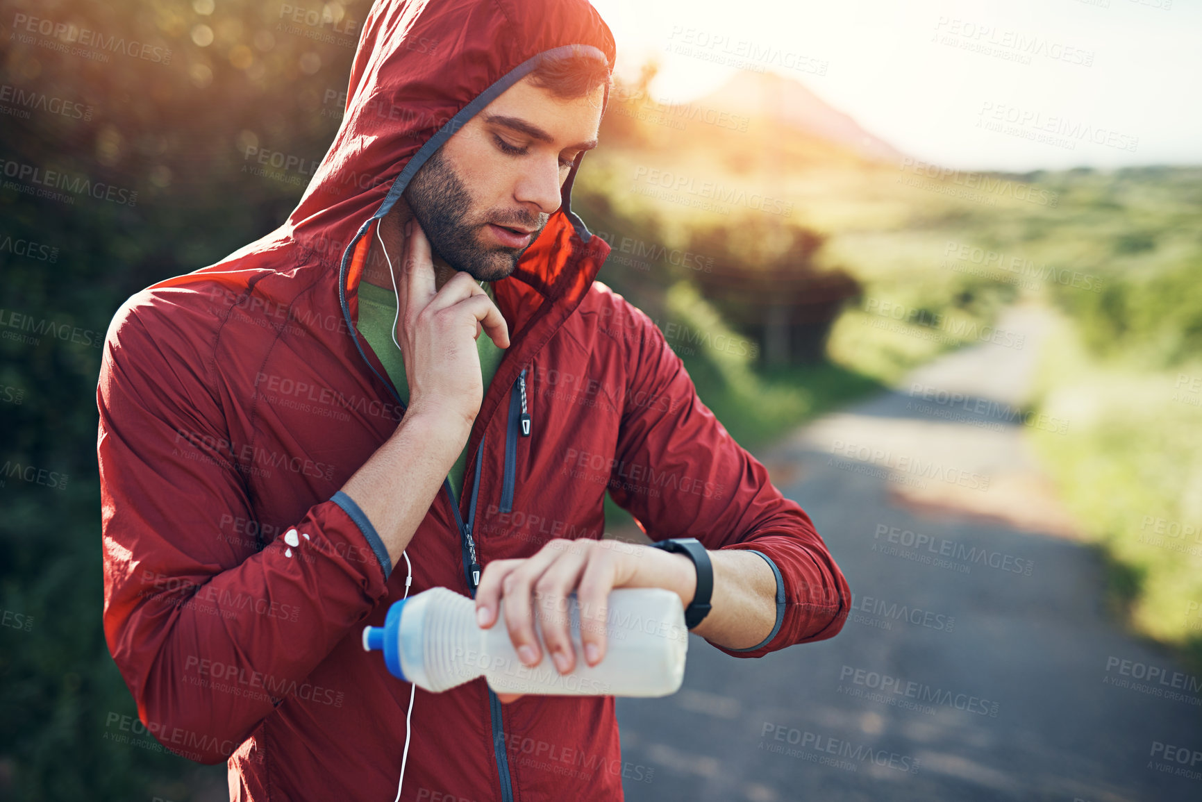 Buy stock photo Fitness, pulse and watch with runner in mountains for cardio training or tracking physical activity. Exercise, heart rate and monitoring with man outdoor in nature for health, improvement or progress