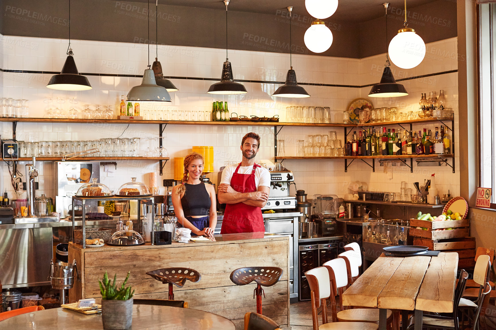 Buy stock photo Team, portrait and people with smile in cafe, arms crossed and solidarity for small business launch. Coffee shop, waiter and colleagues with pride, happiness and collaboration for startup development