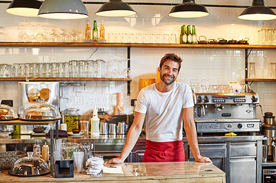 Buy stock photo Portrait of a male barista on duty in a coffee shop