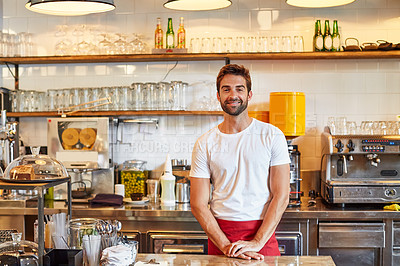 Buy stock photo Portrait of a male barista on duty in a coffee shop