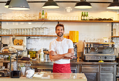 Buy stock photo Portrait of a male barista on duty in a coffee shop