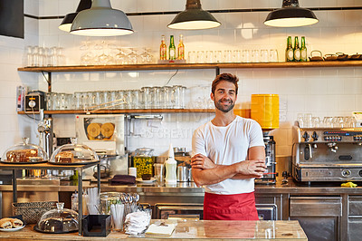 Buy stock photo Portrait of a male barista on duty in a coffee shop