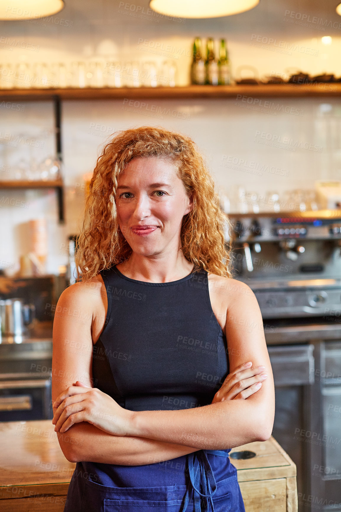 Buy stock photo Happy, portrait and woman with crossed arms in coffee shop, restaurant and pride for small business. Smile, owner and person with confidence for cafe, hospitality and friendly service at counter