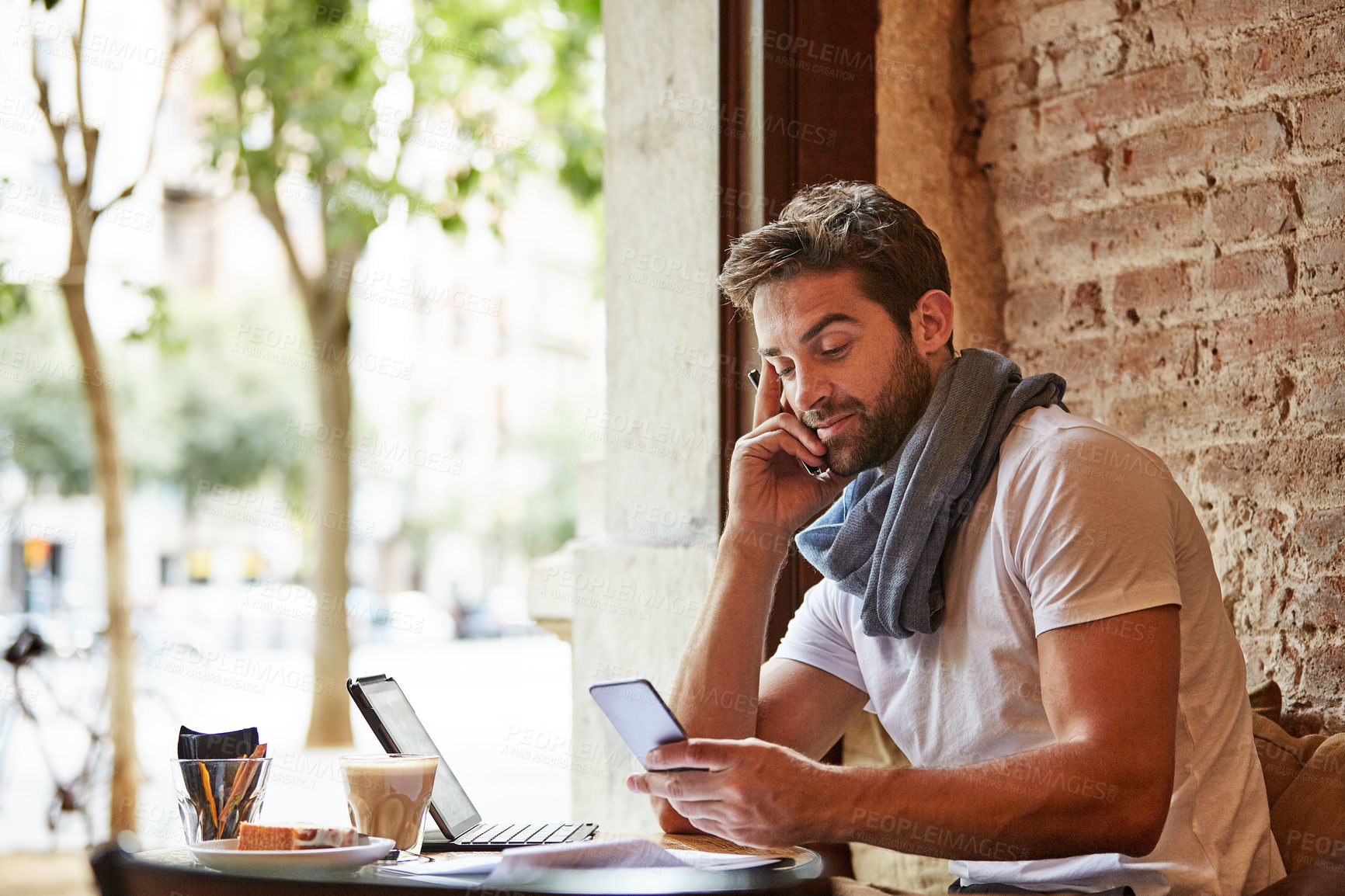 Buy stock photo Man, startup and reading at cafe with phone, update menu and supplier inquiry for catering event. Male person, business owner and review at coffee shop with mobile, increase price and confirm booking