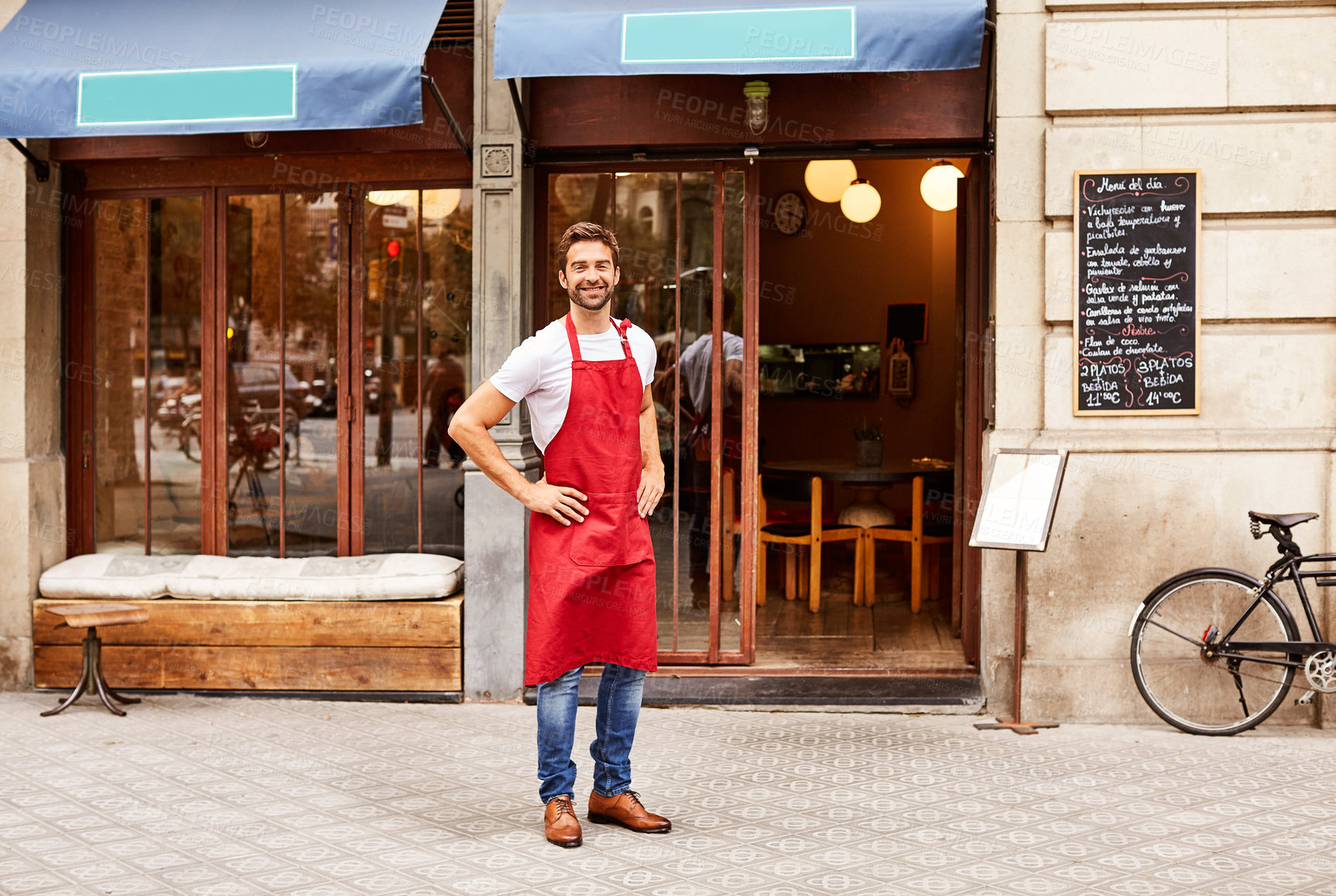 Buy stock photo Man, server and doorway at cafe with smile, about us and leadership for hospitality career. Portrait, male person and business owner at coffee shop for assistance, entrepreneurship and bistro service