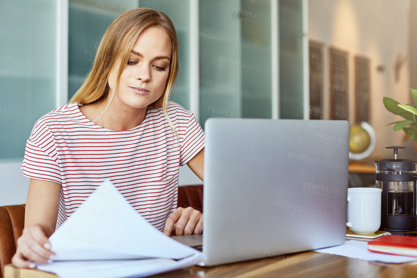 Buy stock photo Home, paperwork and woman on laptop for finance report, budget planning and online banking. House, computer and person with financial documents for mortgage payment, loan application and expenses