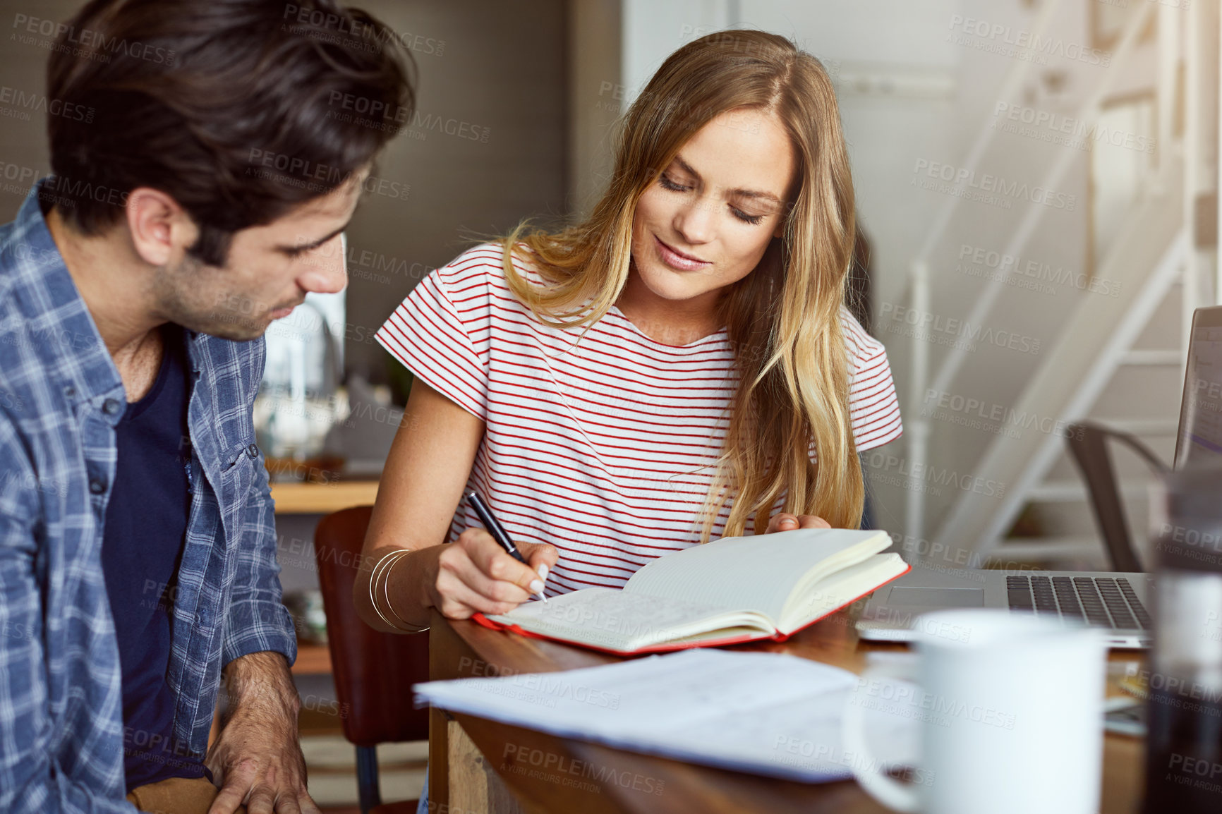 Buy stock photo Laptop, notebook and research with couple in home for property listing, real estate purchase and planning. Review, future investment and mortgage savings with man and woman in house for support