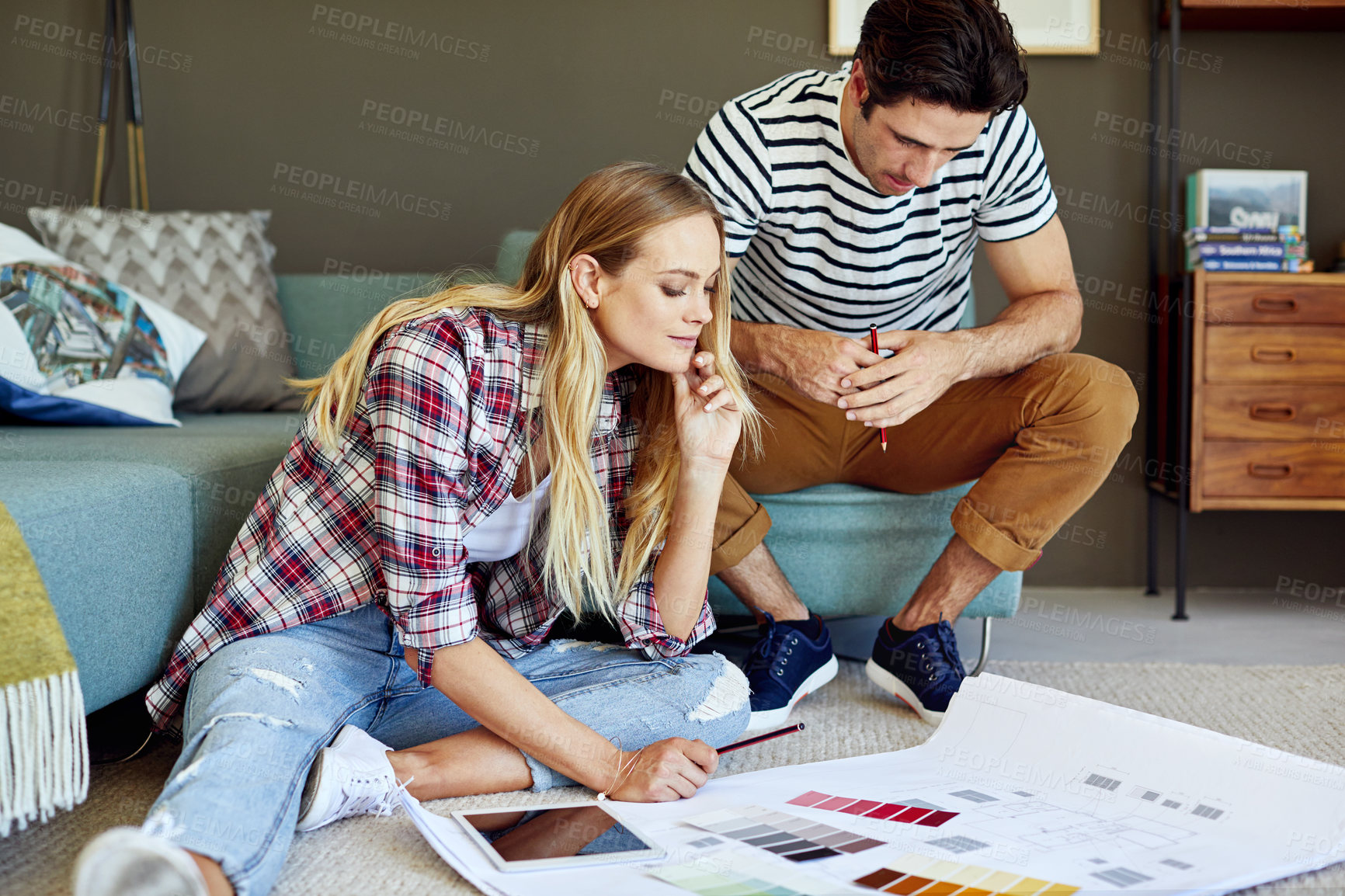 Buy stock photo Interior design, couple or blueprint in home for renovation, spatial planning or color coordination. Decision making, people and remodeling layout for diy makeover, house upgrade and paint selection
