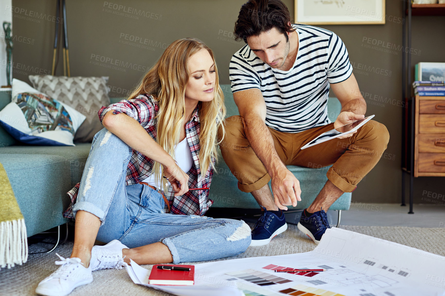 Buy stock photo Tablet, couple and planning on blueprint for home renovation, brainstorming phase or rendering app. Tech, people and talk on floor for remodeling layout, diy project and support in house improvement