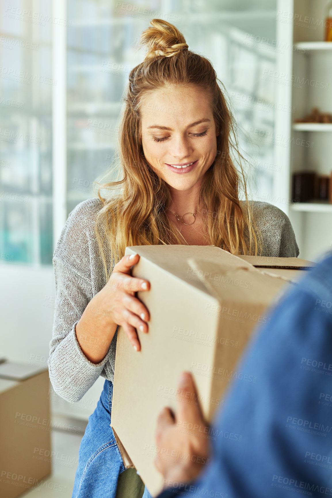 Buy stock photo Couple, happy and boxes with new home for property purchase, investment or mortgage together. Smile, woman and man or homeowners with love for moving in, buying asset or real estate finance in house