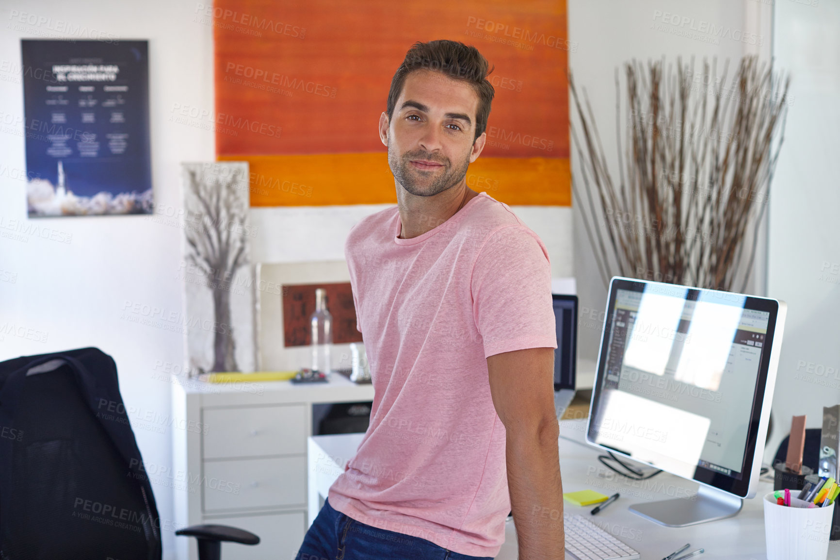 Buy stock photo Happy, portrait and man in office for web design career, software developer and about us at agency. Computer, creative and person at desk for pride, confident or programming for website, ux or coding