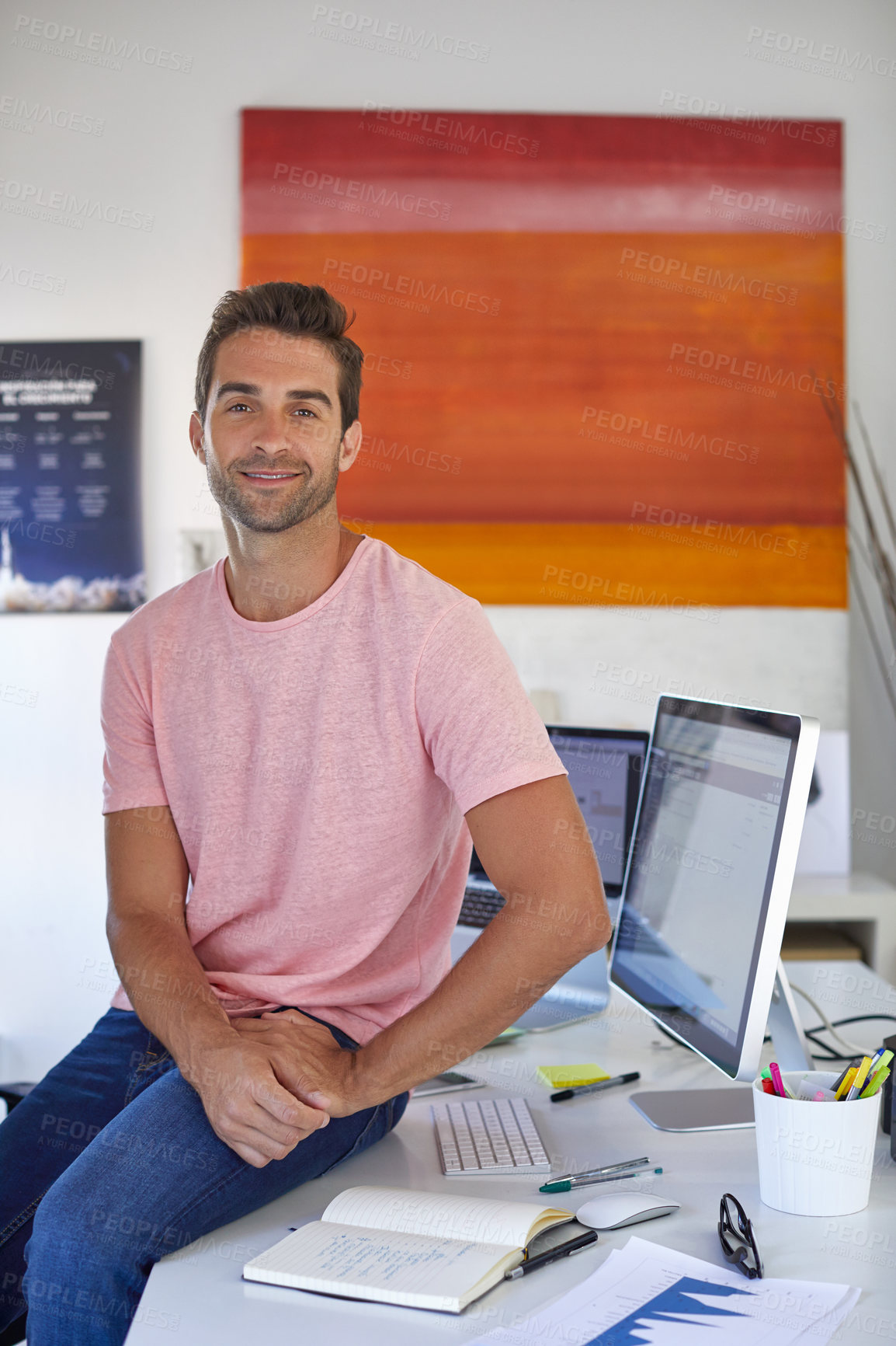 Buy stock photo Happy, portrait and business man for web design career, software developer and about us at agency. Smile, creative and person with tech for pride, confident and programming for website, ux or coding