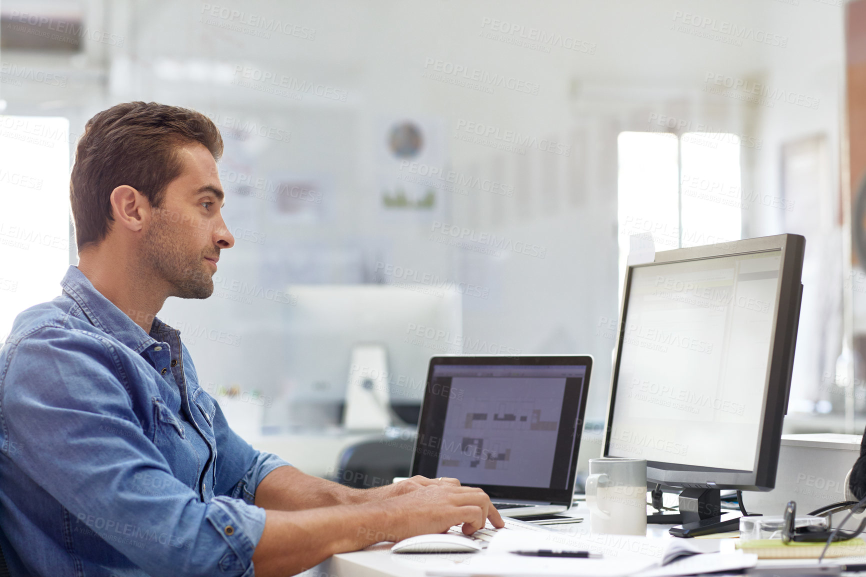 Buy stock photo Employee, reading and man with computer in business, typography or graphic designer with assignment. Research, online and person with technology, typing and review design project and brand identity