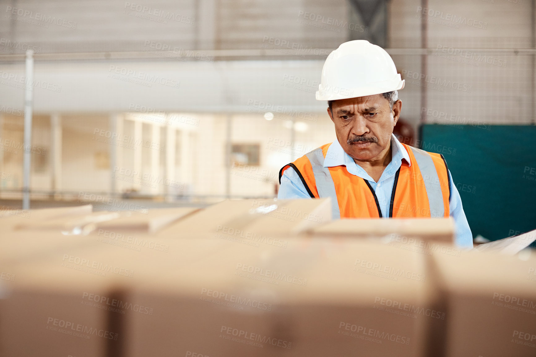 Buy stock photo Clipboard, confused and inspection with man in warehouse for stock management or quality control. Documents, frown and space with mature person in factory for inventory, logistics or supply chain