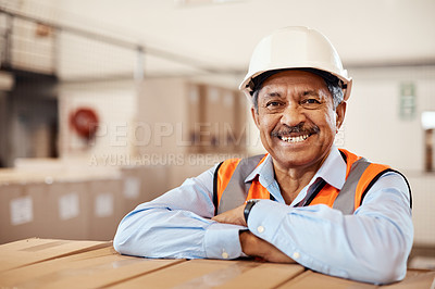 Buy stock photo Shot of a confident mature man working in a warehouse