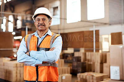 Buy stock photo Shot of a confident mature man working in a warehouse