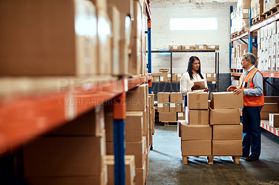 Buy stock photo Shot of a mature man and woman using a digital tablet while working together in a warehouse