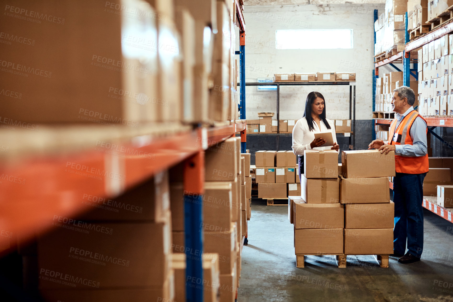 Buy stock photo Shot of a mature man and woman using a digital tablet while working together in a warehouse