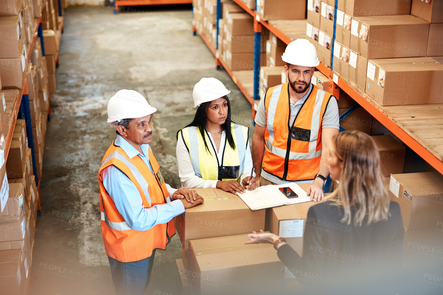 Buy stock photo People, discussion or boxes in warehouse for business, problem solving or inventory management. Above, client or distribution team in storage with wholesale order, stock feedback or logistics meeting