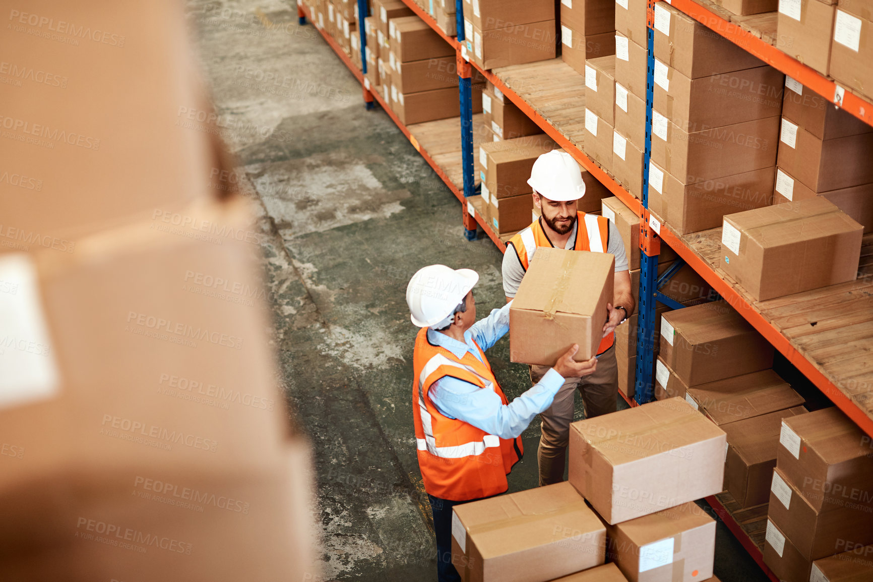 Buy stock photo Box, logistics and team in warehouse for shipping service, inventory or distribution for export. Above, employee and cargo inspection with collaboration for freight depot, delivery or quality control