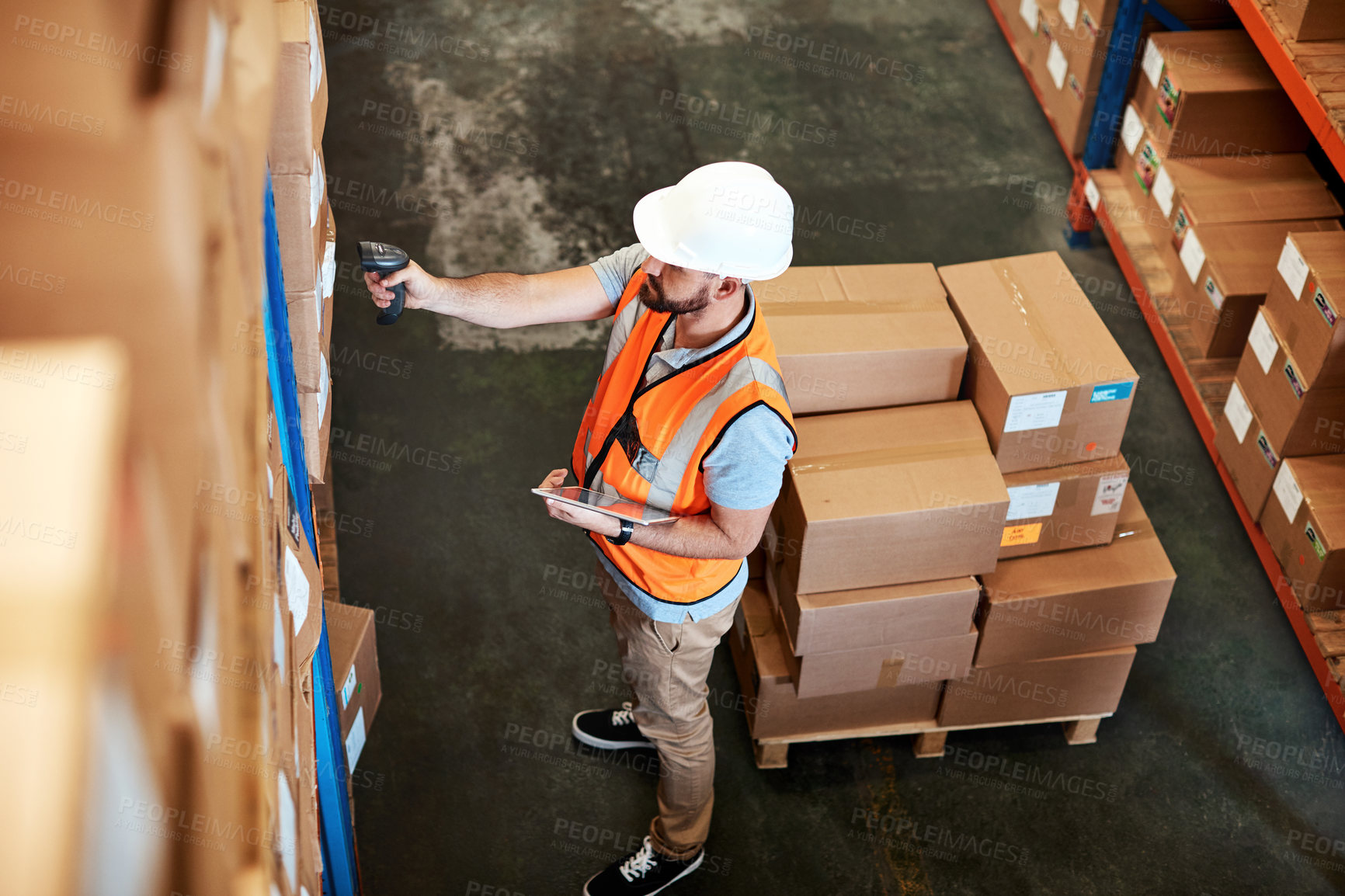 Buy stock photo Man, scanner and boxes with tablet in warehouse for inventory management, storage or logistics. Top view, male person or manager with pricing or technology for cargo distribution or freight safety