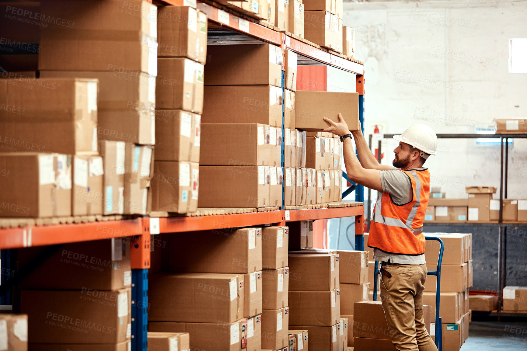 Buy stock photo Man, box and packing in warehouse for logistics, storage management and organizing for efficiency. Supervisor, shelf and package in facility for distribution, loading or inventory control in business