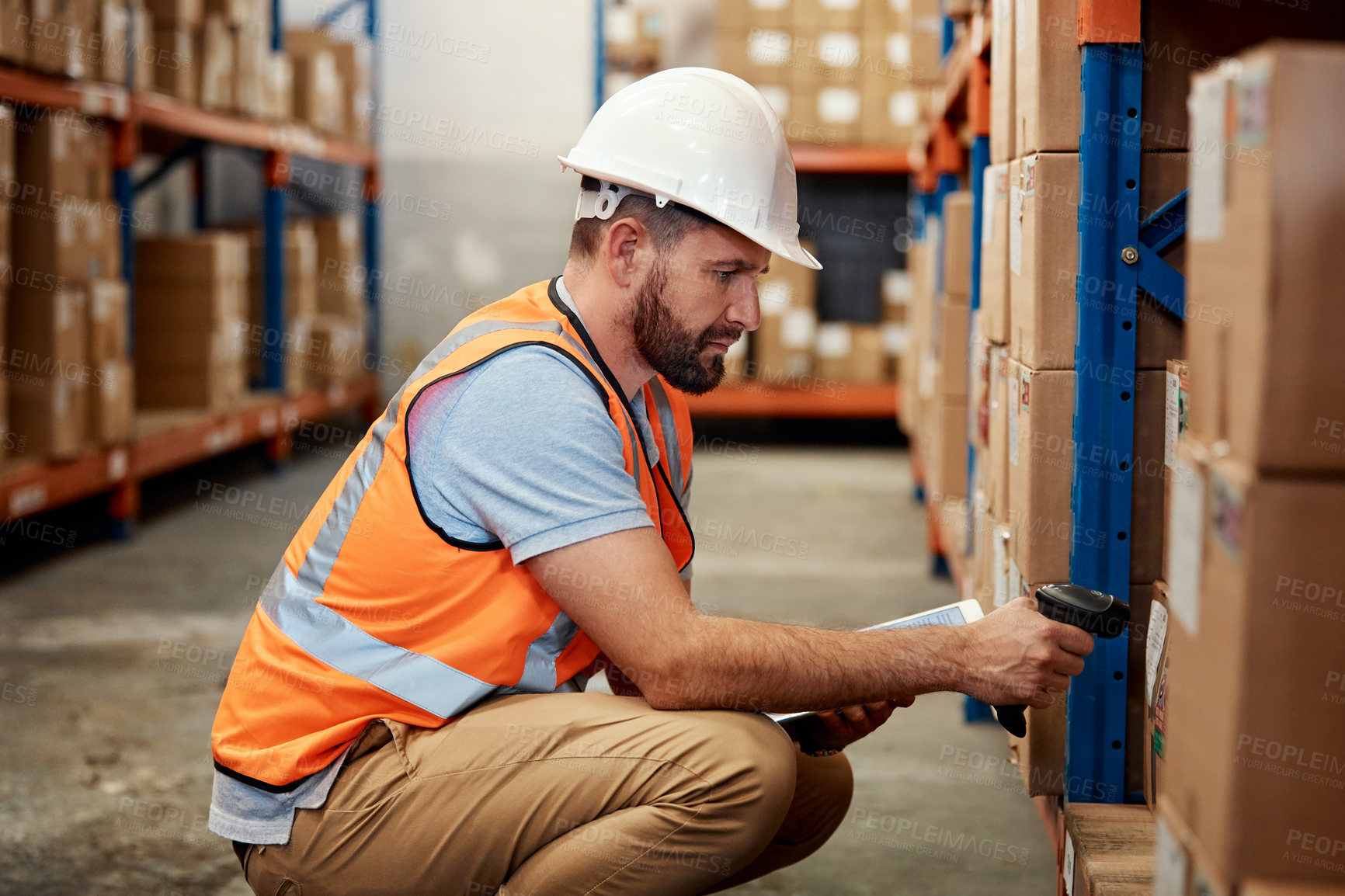 Buy stock photo Man, scanner or box with tablet for inventory management, storage or logistics in warehouse. Male person, manager or checking stock with pricing or technology for cargo distribution or freight safety