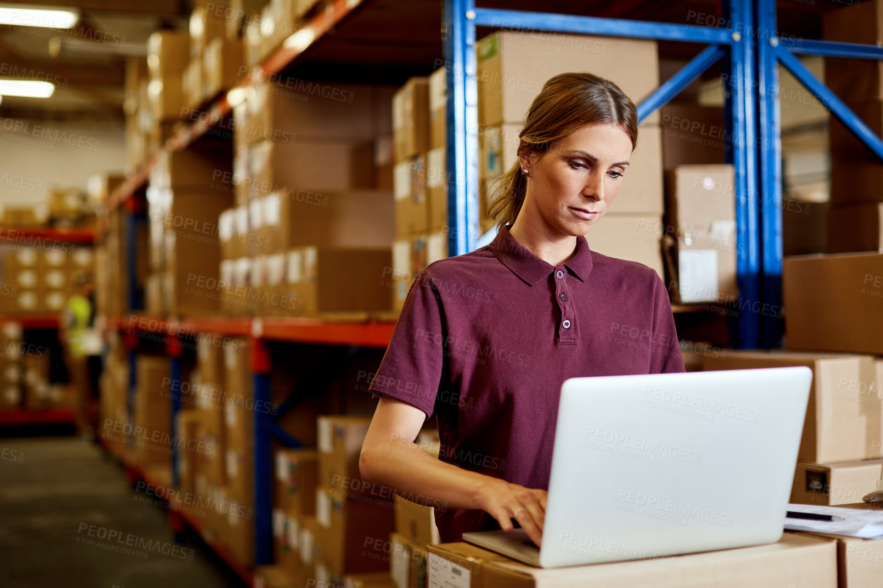 Buy stock photo Woman, typing and supply chain in warehouse with laptop, process shipping bills and track delivery. Logistics, person and draft report with computer, distribution and reading invoice from courier.