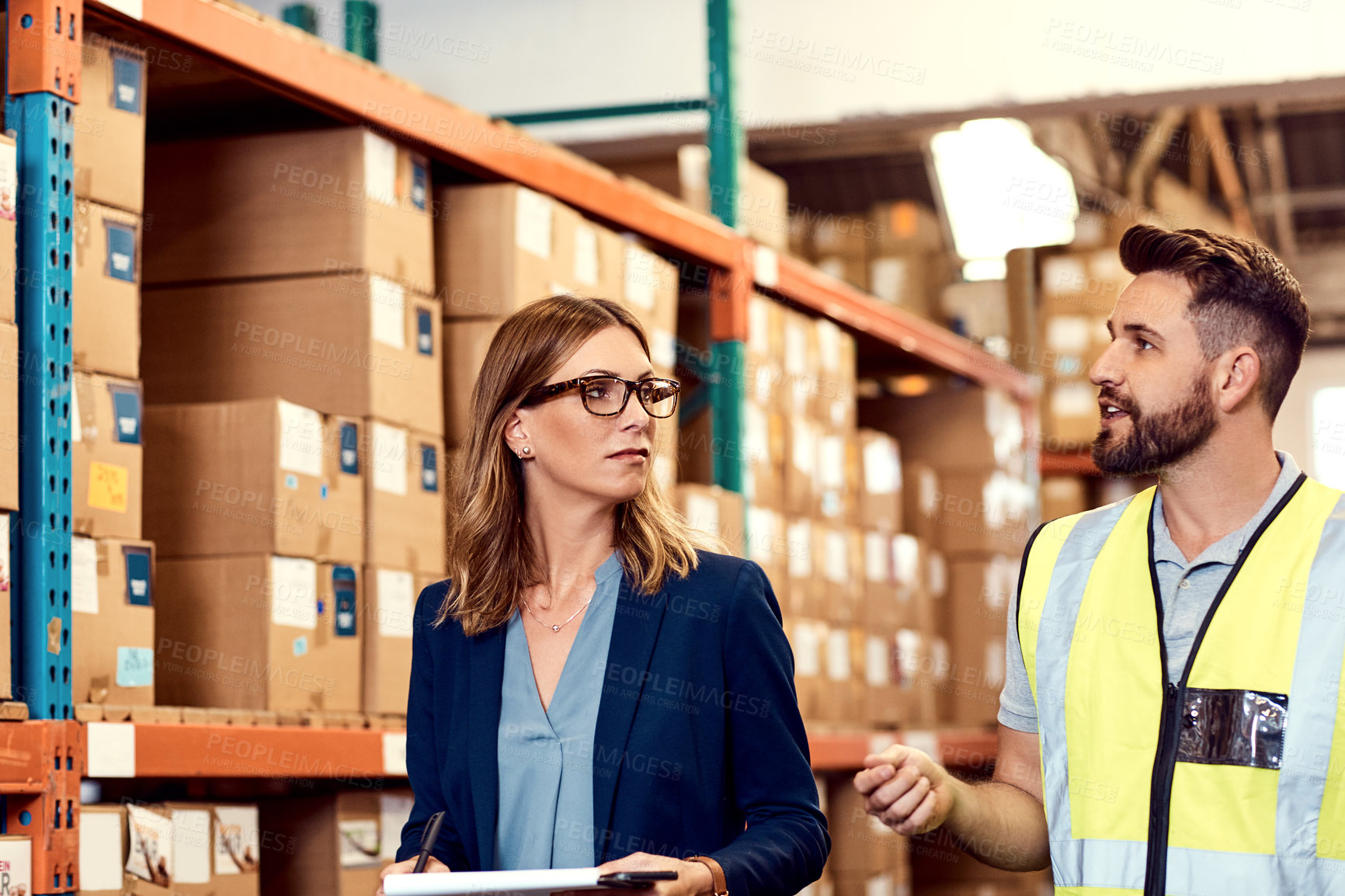Buy stock photo Clipboard, talking and search with people in warehouse for inventory management, cargo and review. Logistics parcel, quality assurance checklist and delivery notes with employee  for tracking info