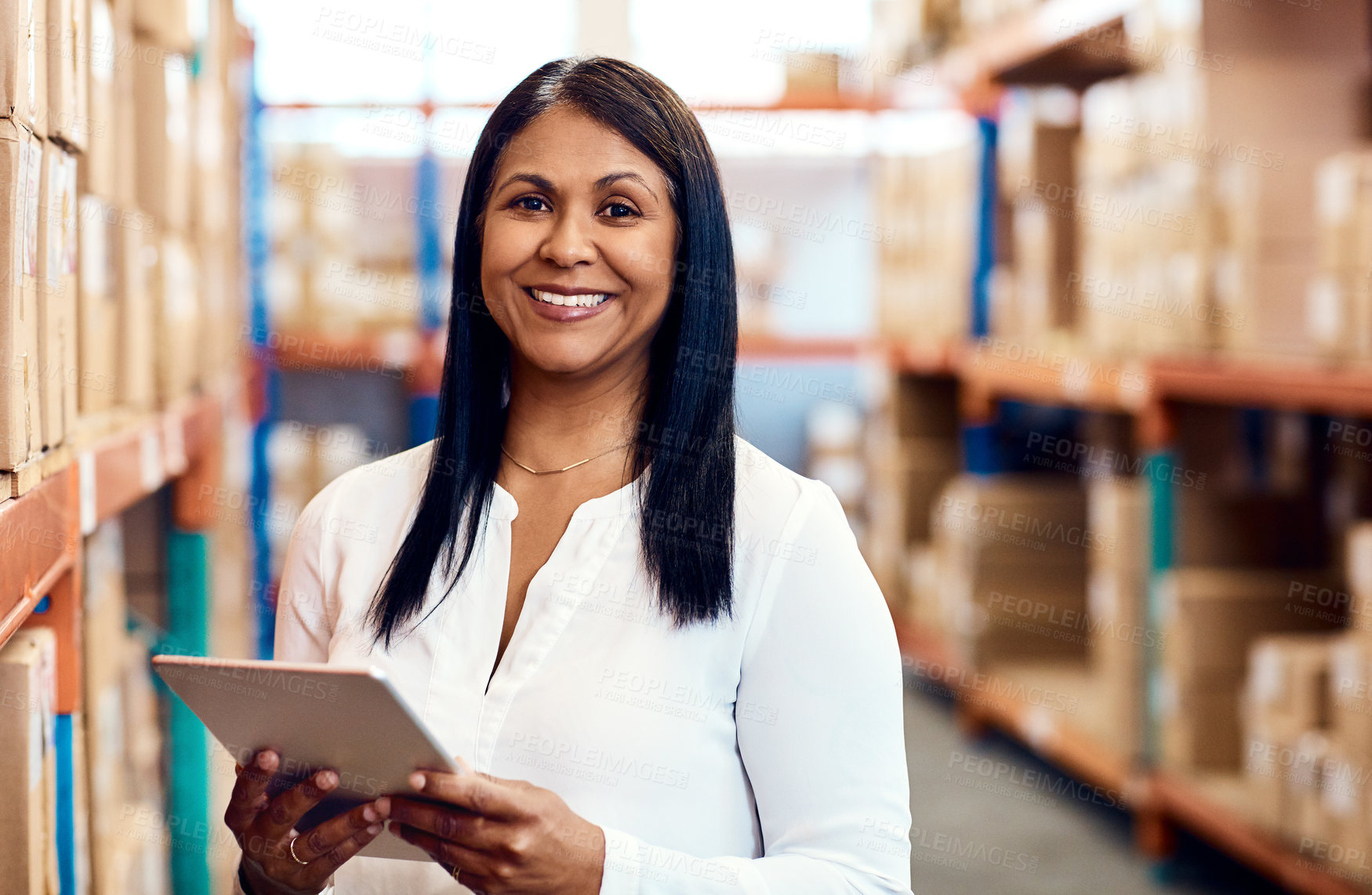 Buy stock photo Tablet, shipping and portrait with woman in warehouse for delivery route, logistics and smile. Planning, ecommerce depot and supply chain schedule with mature employee and tech for cargo procurement
