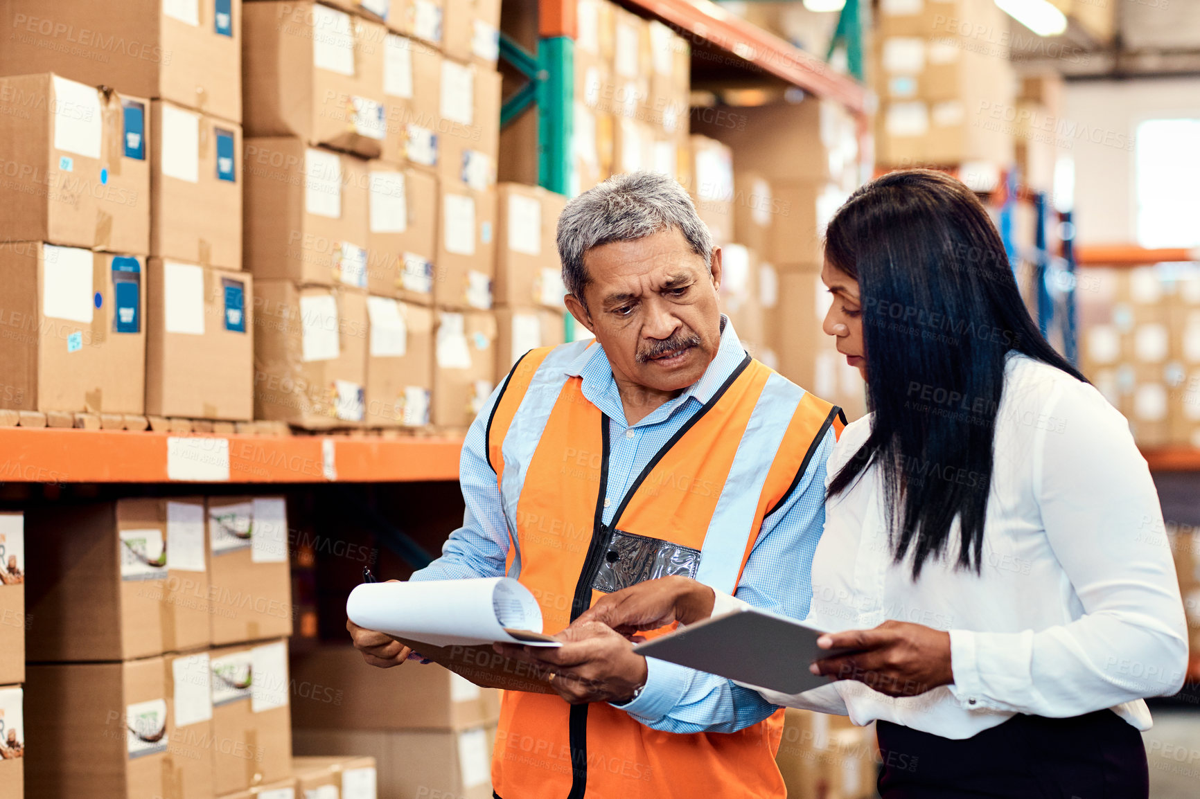 Buy stock photo Team, cargo and clipboard with people in warehouse for distribution, supply chain management or shipping. Logistics, inventory and freight storage with employees in factory for partner and tablet