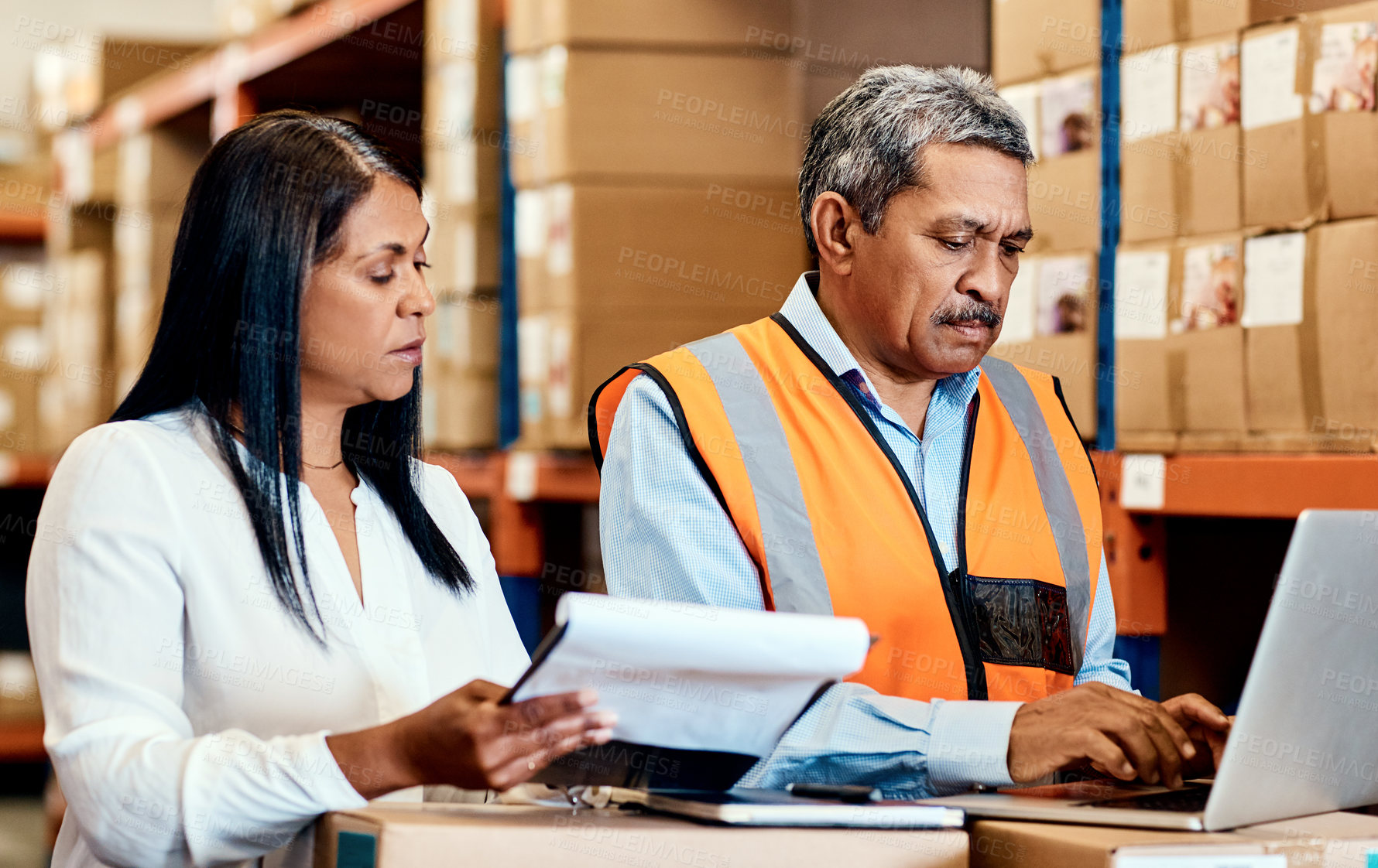 Buy stock photo Clipboard, laptop and review with people in warehouse for shipping, freight inspection and cargo. Logistics consignment, export and partner with mature employee in factory for inventory checklist