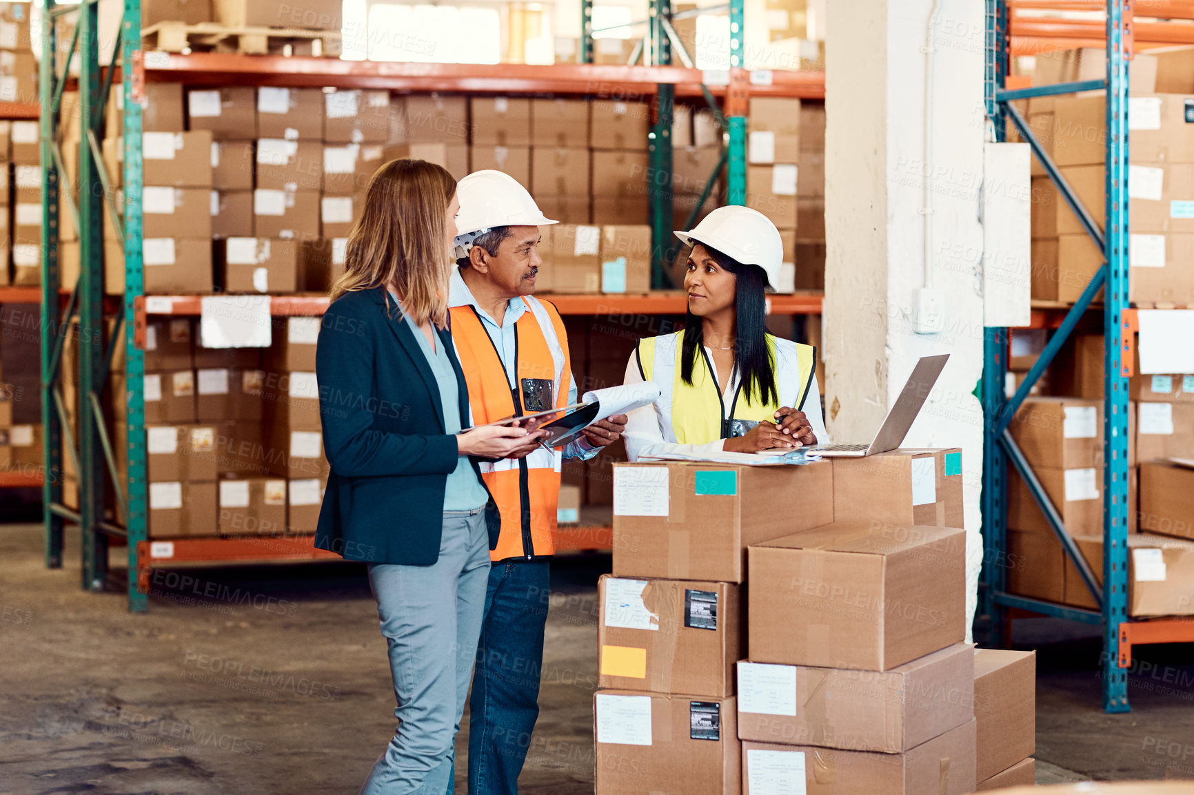 Buy stock photo Shipping, team and clipboard with people in warehouse for delivery schedule, logistics and cargo. Supply chain, inventory and distribution manager with employees in factory for laptop and checklist