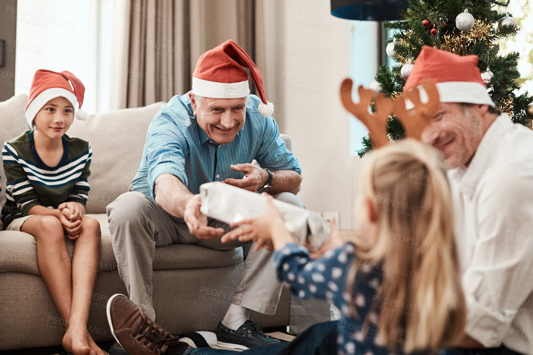 Buy stock photo Christmas, grandfather and giving present to child in home for love, care and festive tradition. Xmas, gift and girl with happy grandparent, holiday celebration or gratitude with family generations