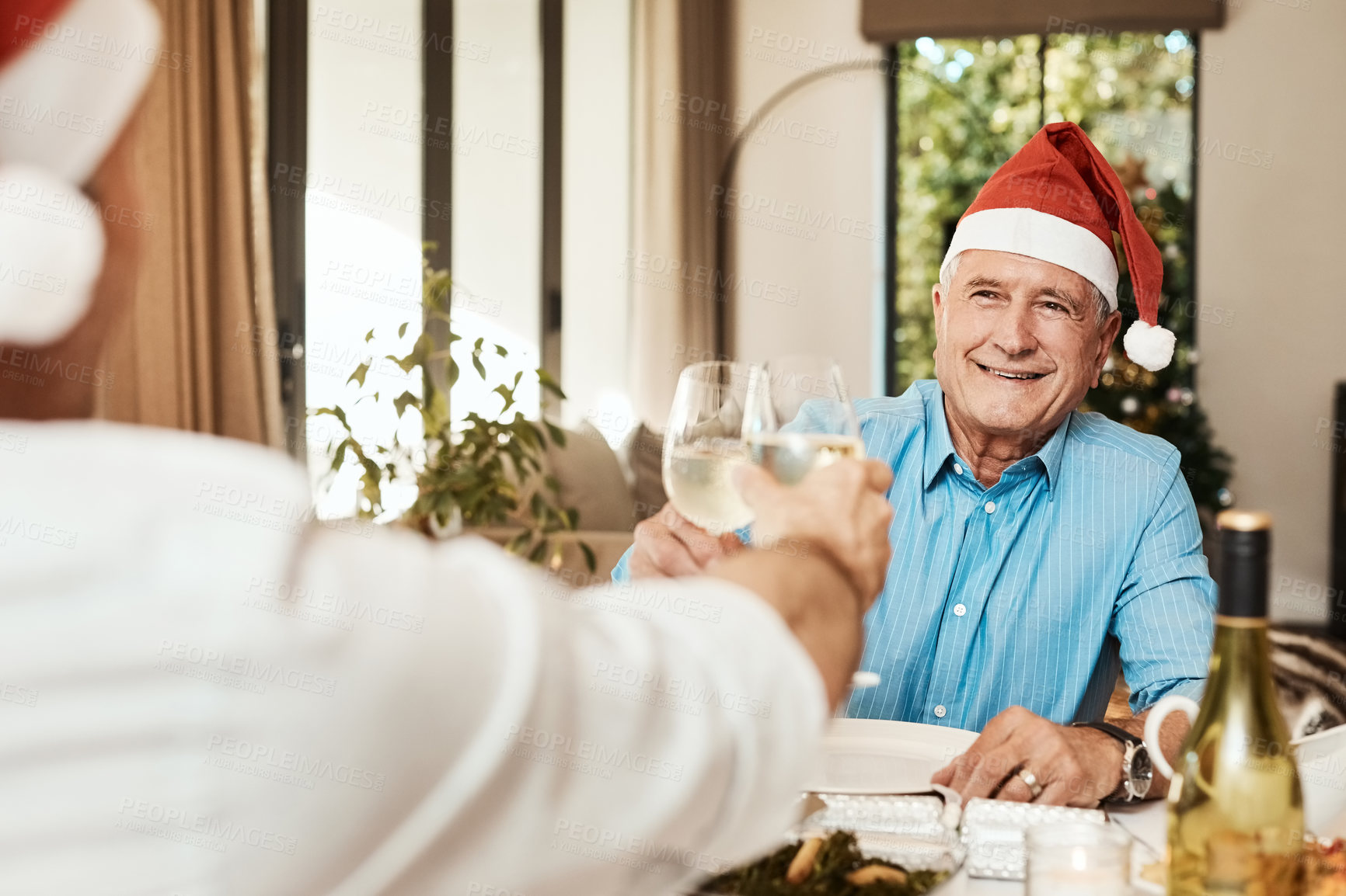 Buy stock photo Christmas, family and elderly man with cheers for celebration, bonding and drink at reunion. Senior person, toast and happiness in home for annual tradition, gathering and wine at festive event