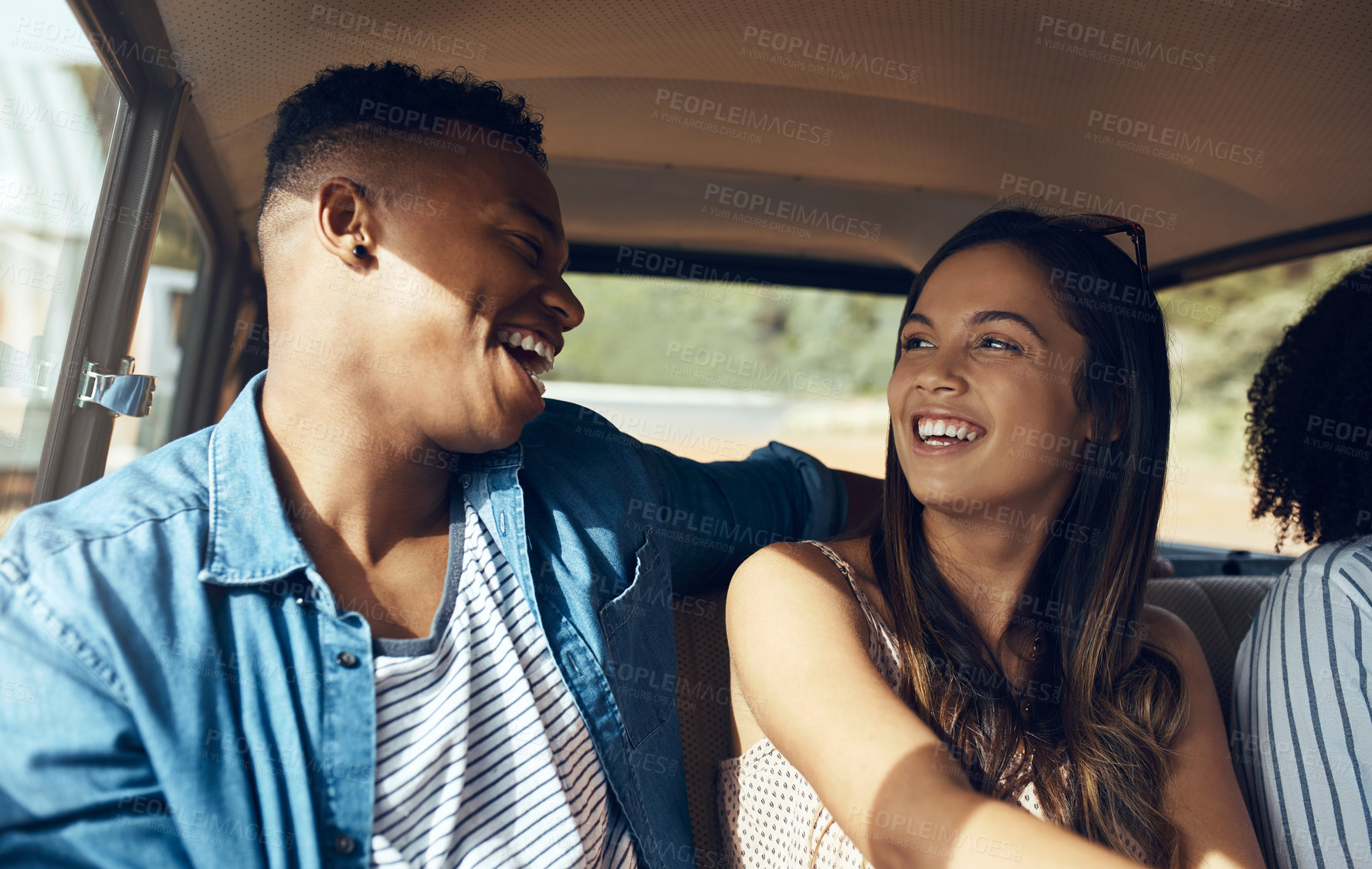 Buy stock photo Travel, smile and couple in vehicle with road trip, holiday together or happy moment on summer break. Love, friends and people in car with laugh, partner bonding and connection with auto adventure.