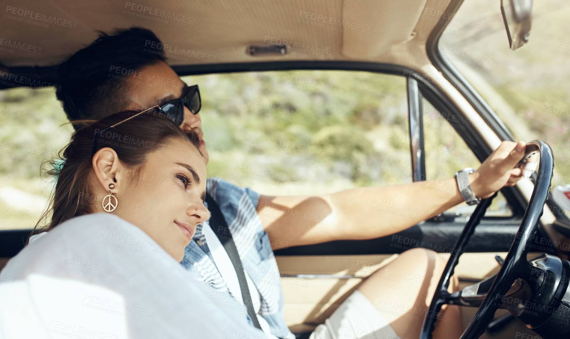 Buy stock photo Road trip, couple and drive with holiday in car for love, summer and relax or travel together. Vacation, man and woman with vehicle for support, bonding and care for weekend break or smile with date