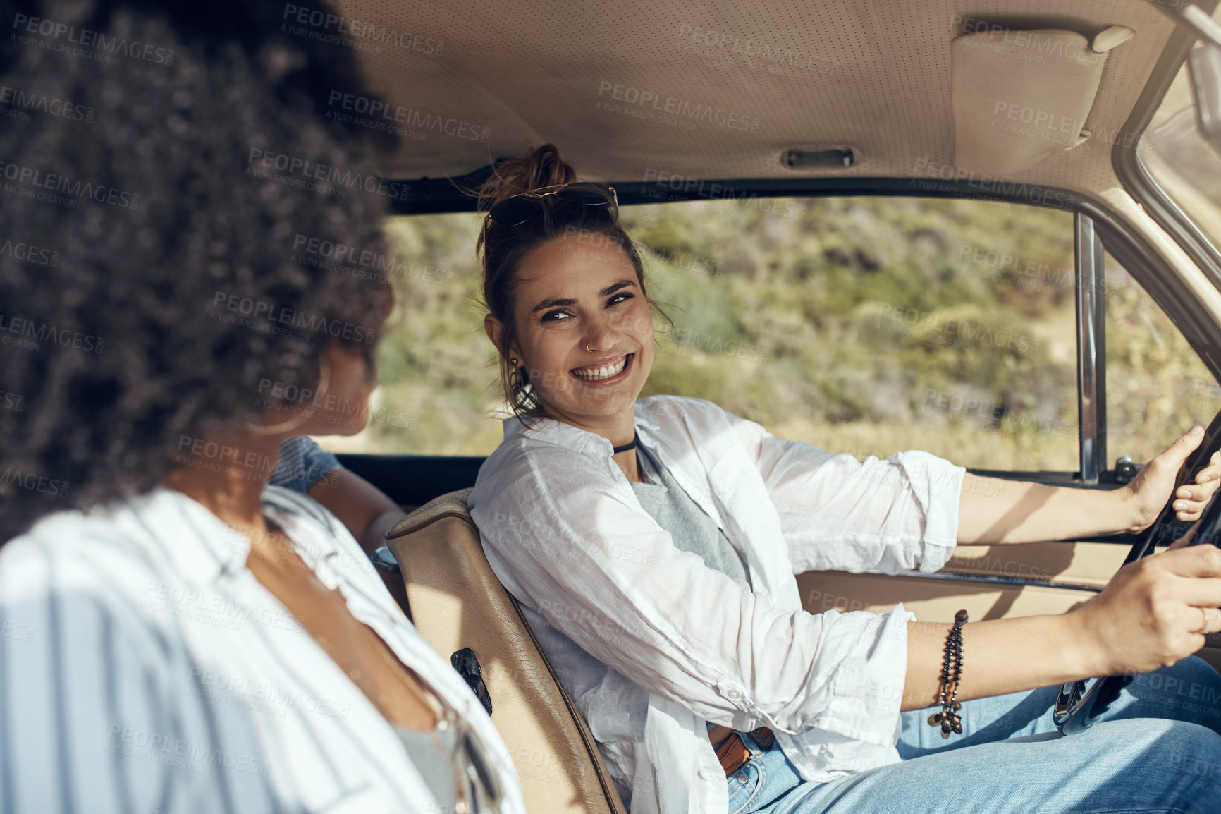 Buy stock photo Break, driving and laughing with women in car together for adventure, journey or road trip in summer. Conversation, funny and travel with happy friends in vehicle for getaway, holiday or vacation