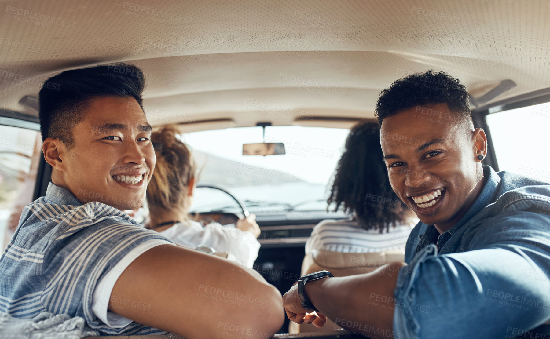 Buy stock photo Road trip, travel and happy friends in car on vacation, passenger adventure and getaway together. Men, smile and portrait in transport on holiday, laugh and relax on journey with tourist group