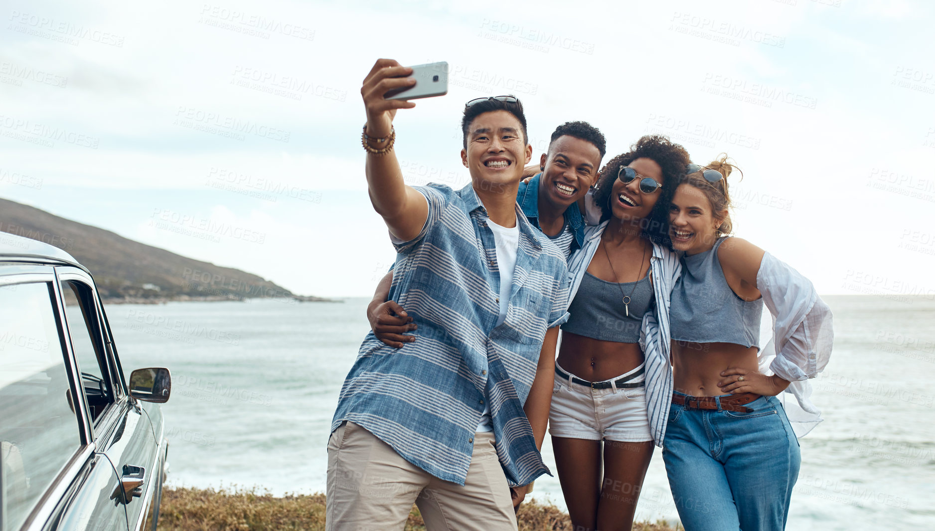Buy stock photo Selfie, travel and road trip with friends in nature for social media post, vacation memory and bonding. Holiday photography, connection and support with group of people outdoor for picture and car